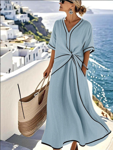 Elegant European V-neck Women's Dress Fashionable Striped Print Ankle-length Geometric Pattern Polyester And Linen Blend - view 2