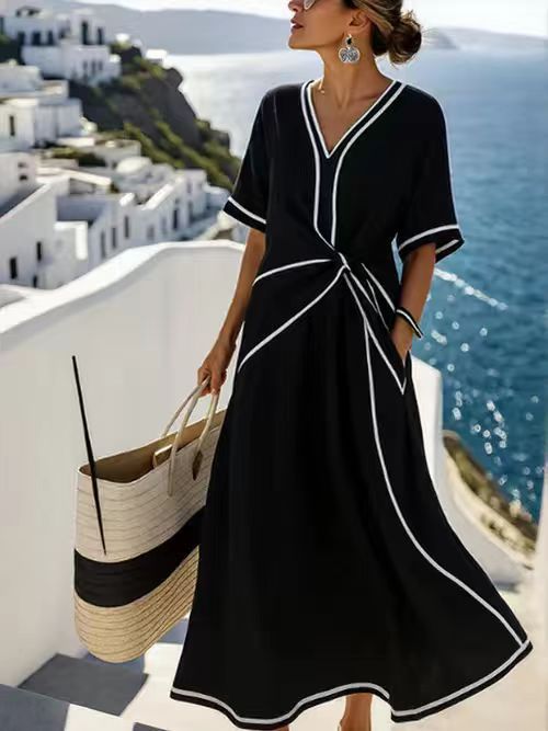 Elegant European V-neck Women's Dress Fashionable Striped Print Ankle-length Geometric Pattern Polyester And Linen Blend - view 4