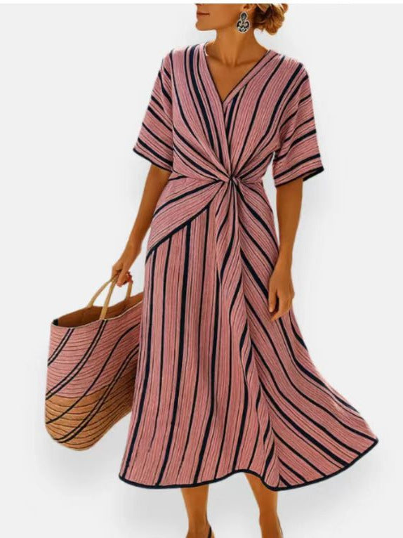 Elegant European V-neck Women's Dress Fashionable Striped Print Ankle-length Geometric Pattern Polyester And Linen Blend - view 5