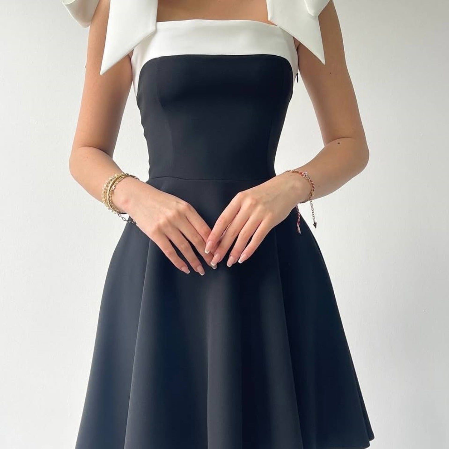 Slimming Effect Summer New European Style Women's Dress Fashionable Personality Splice Belted Square Collar Waist Inward Dress - view 4