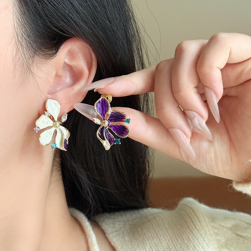 Floral Shaped Enamel Drop Earrings Bohemian Style Zinc Alloy Flash Diamond No Piercing Required Petal Earrings Fashionable Hoops - view 2