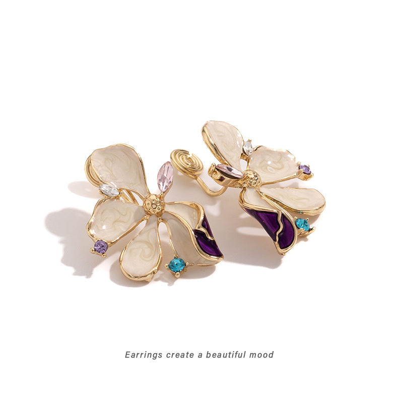 Floral Shaped Enamel Drop Earrings Bohemian Style Zinc Alloy Flash Diamond No Piercing Required Petal Earrings Fashionable Hoops - view 3