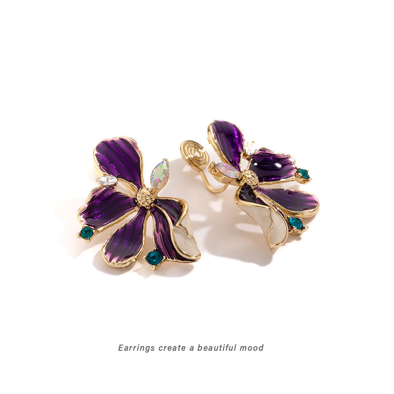 Floral Shaped Enamel Drop Earrings Bohemian Style Zinc Alloy Flash Diamond No Piercing Required Petal Earrings Fashionable Hoops - view 4