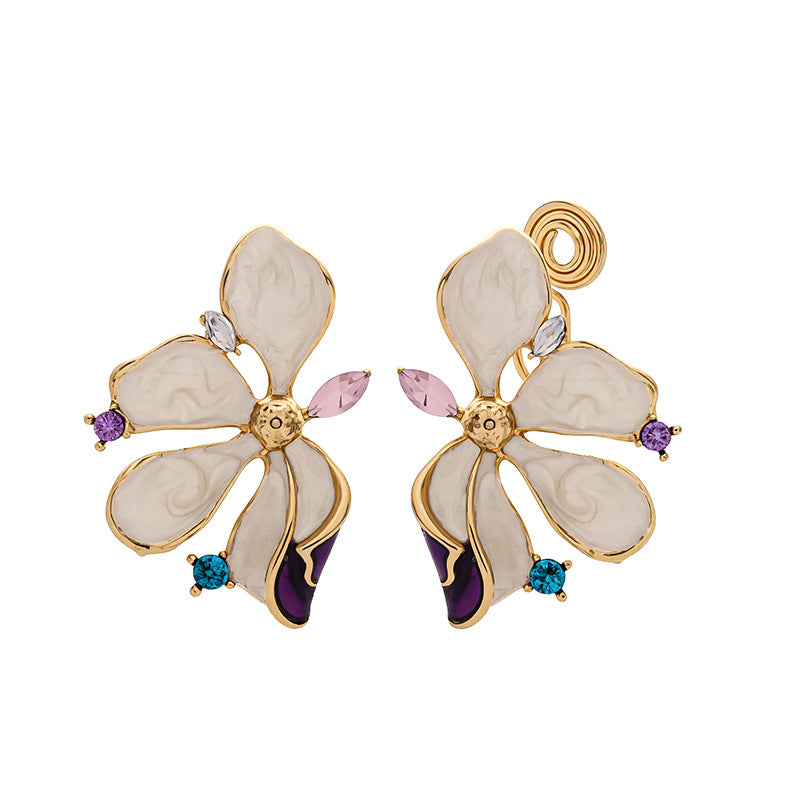 Floral Shaped Enamel Drop Earrings Bohemian Style Zinc Alloy Flash Diamond No Piercing Required Petal Earrings Fashionable Hoops - view 5