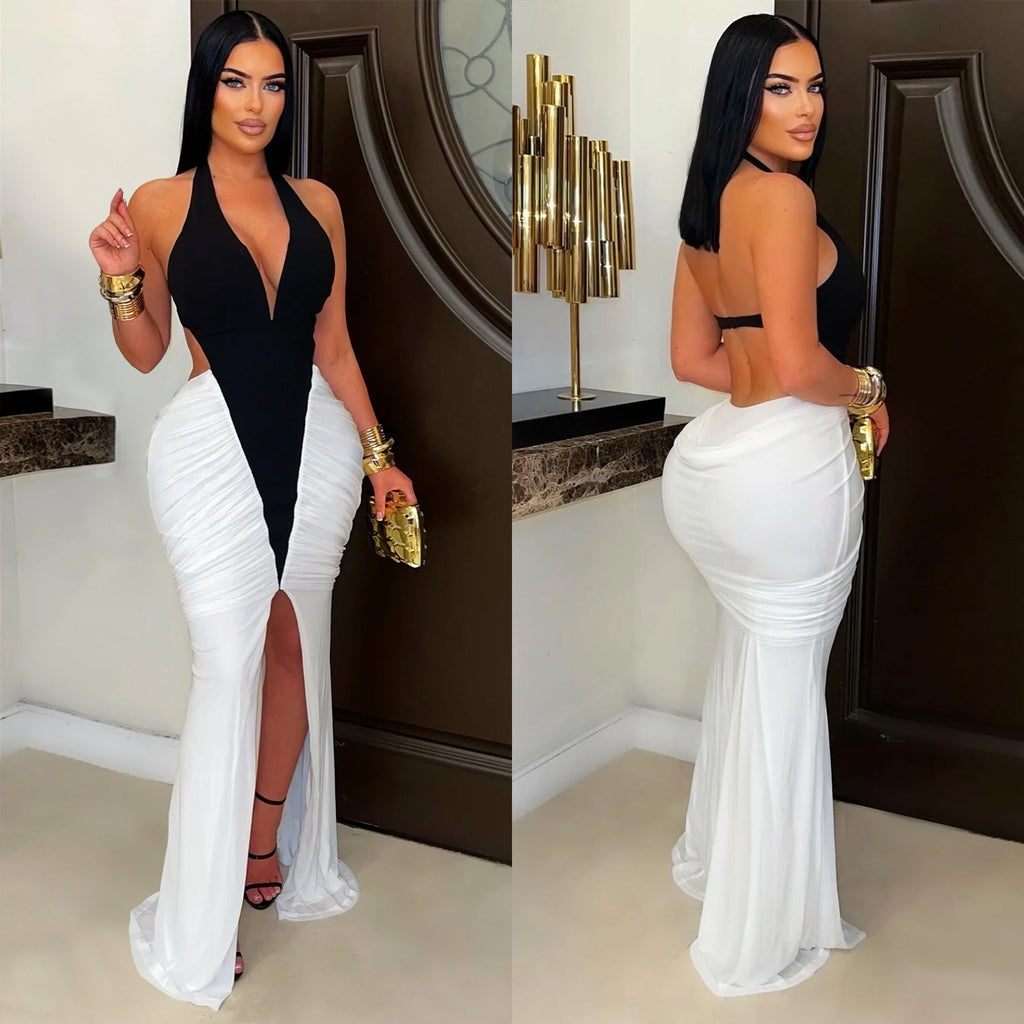 Sexy V-neck Sleeveless Split Back Long Dress  Fashion Women's Dress Elegant Style Ankle-length Gown - front view