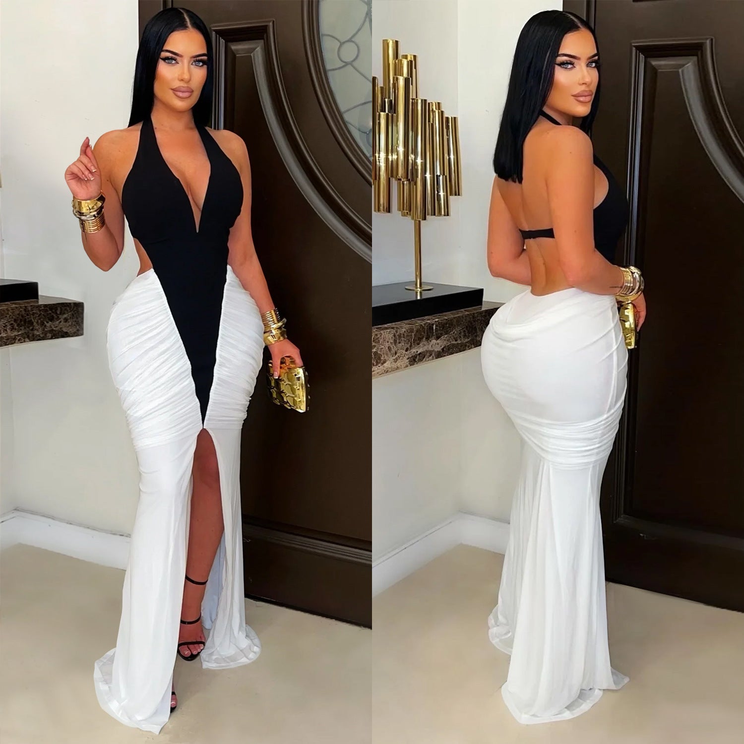 Sexy V-neck Sleeveless Split Back Long Dress  Fashion Women's Dress Elegant Style Ankle-length Gown - front view