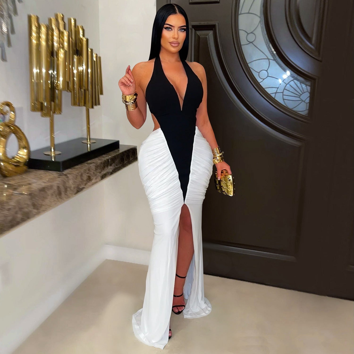 Sexy V-neck Sleeveless Split Back Long Dress  Fashion Women's Dress Elegant Style Ankle-length Gown - view 2