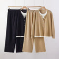 Casual Knitted Color Block Round Neck Women's Top And Wide Leg Pants Two-Piece Fashion Autumn Winter Set - front view
