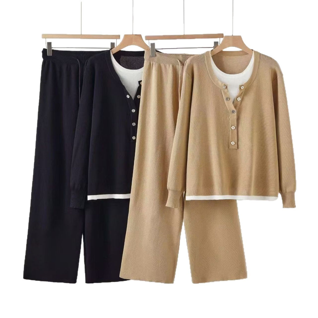 Casual Knitted Color Block Round Neck Women's Top And Wide Leg Pants Two-Piece Fashion Autumn Winter Set - view 2
