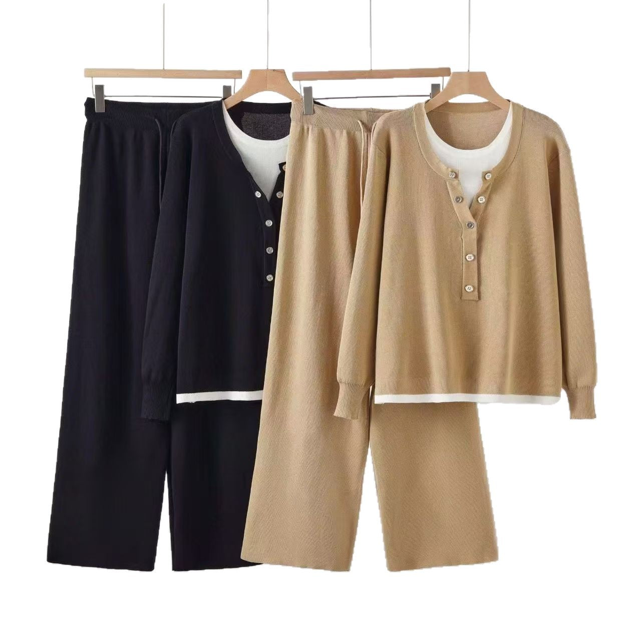Casual Knitted Color Block Round Neck Women's Top And Wide Leg Pants Two-Piece Fashion Autumn Winter Set - view 2