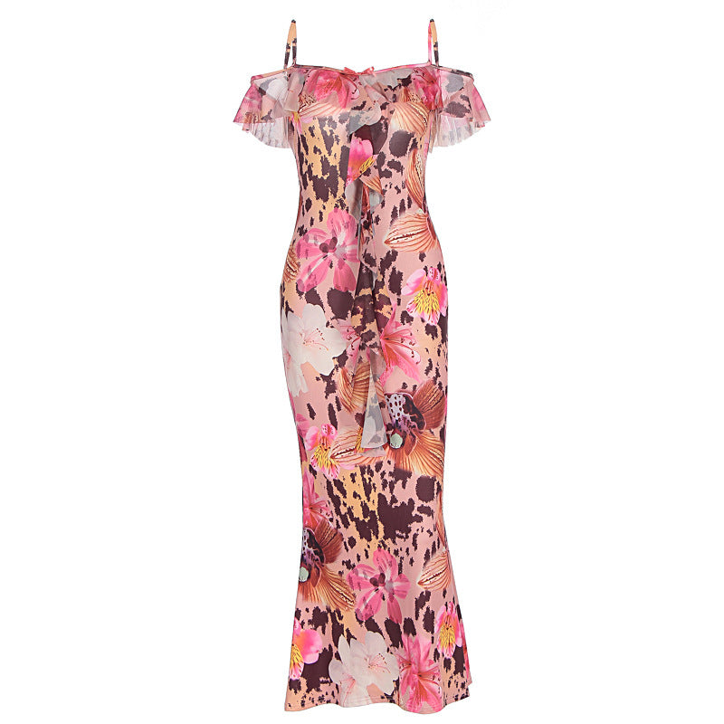 Slim Floral Print Halter Neck Sleeveless Ankle-Length European Summer Women's Dress With Lace Trim Mini Dress - view 5
