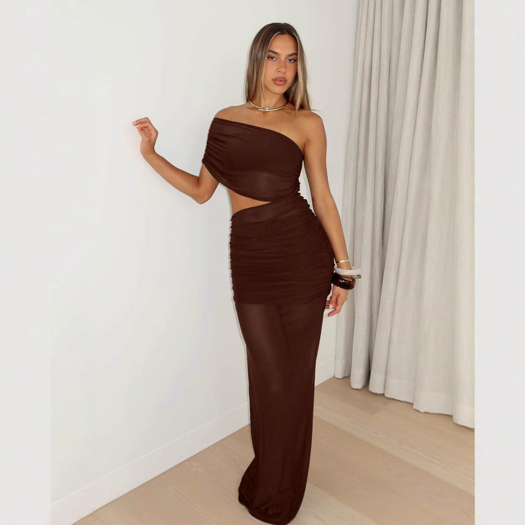Sexy Mesh Hollow Slim Women's Dress European Summer Sheer Long Dress Ankle Length Single Shoulder Design - front view