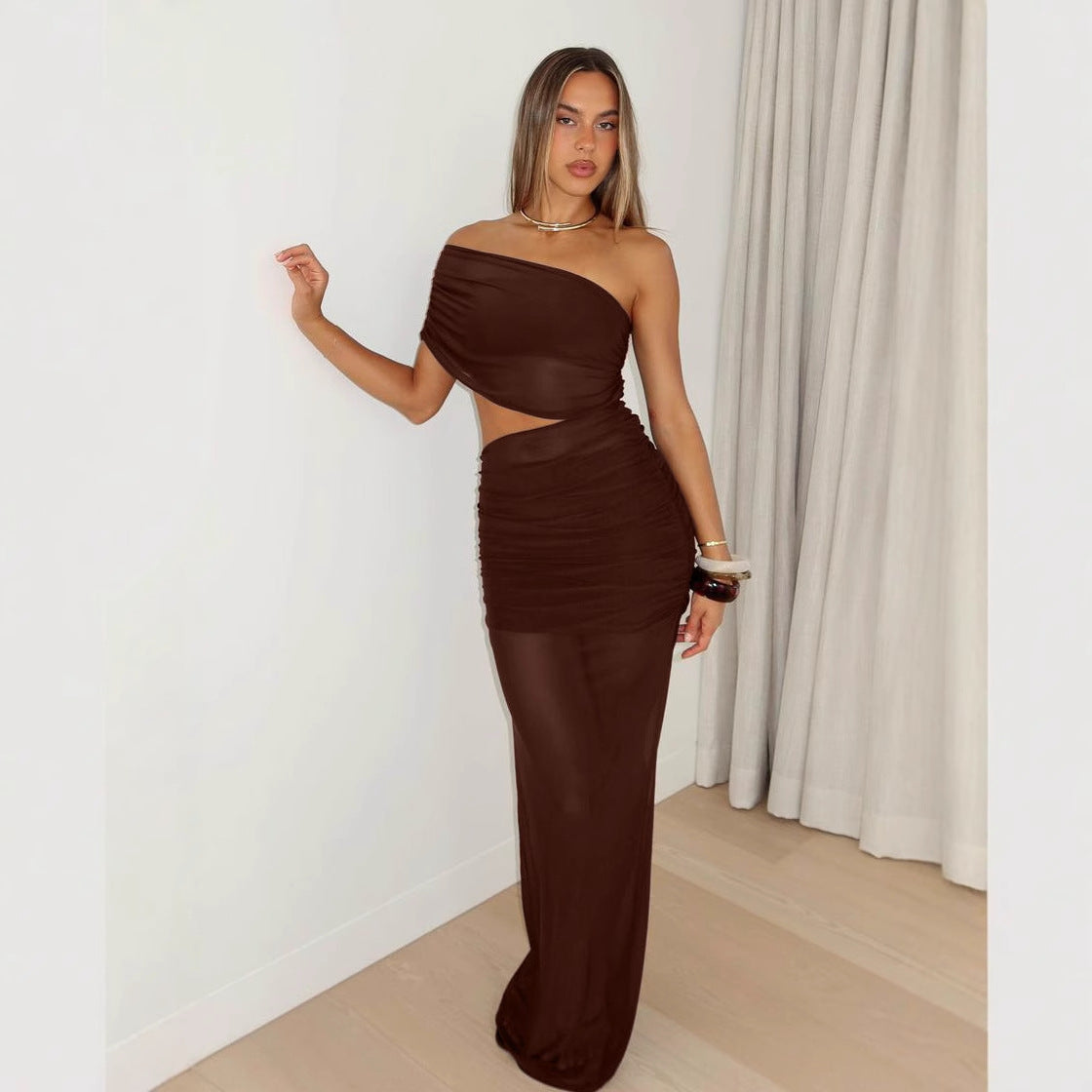 Sexy Mesh Hollow Slim Women's Dress European Summer Sheer Long Dress Ankle Length Single Shoulder Design - front view