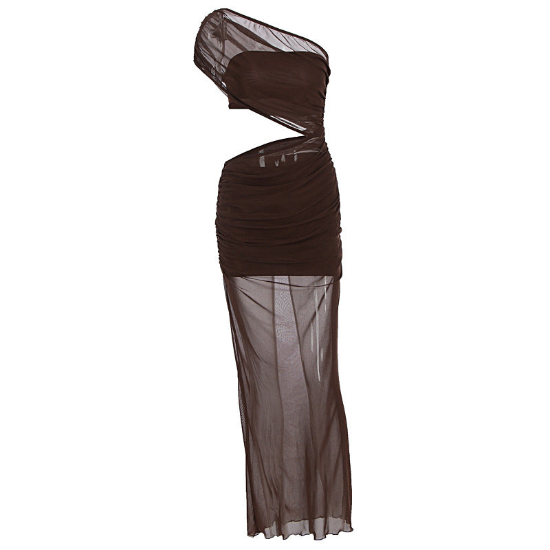 Sexy Mesh Hollow Slim Women's Dress European Summer Sheer Long Dress Ankle Length Single Shoulder Design - view 5