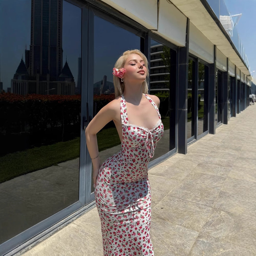 Sexy Floral Print Belt Backless Mid-Length Ankle Dress European Summer Women's Dress - front view
