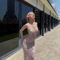 Sexy Floral Print Belt Backless Mid-Length Ankle Dress European Summer Women's Dress - front view