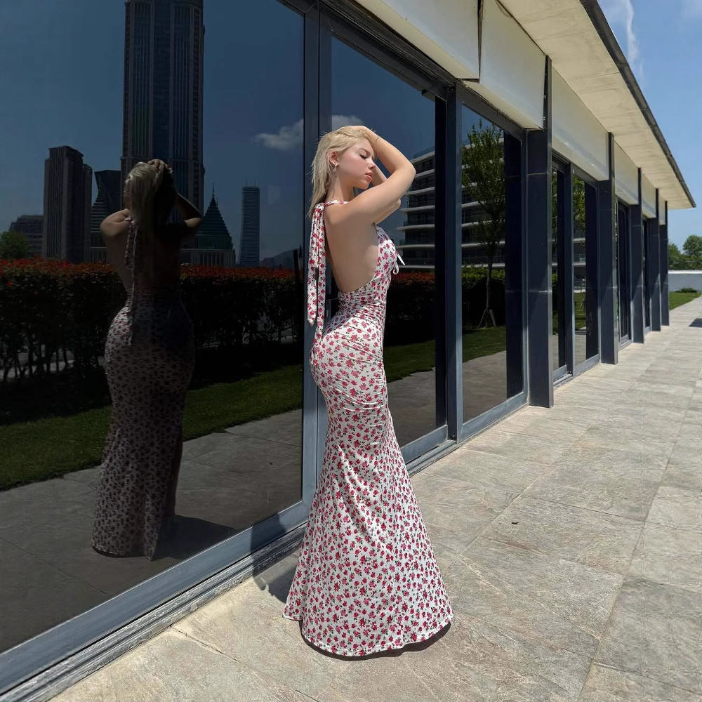 Sexy Floral Print Belt Backless Mid-Length Ankle Dress European Summer Women's Dress - view 2