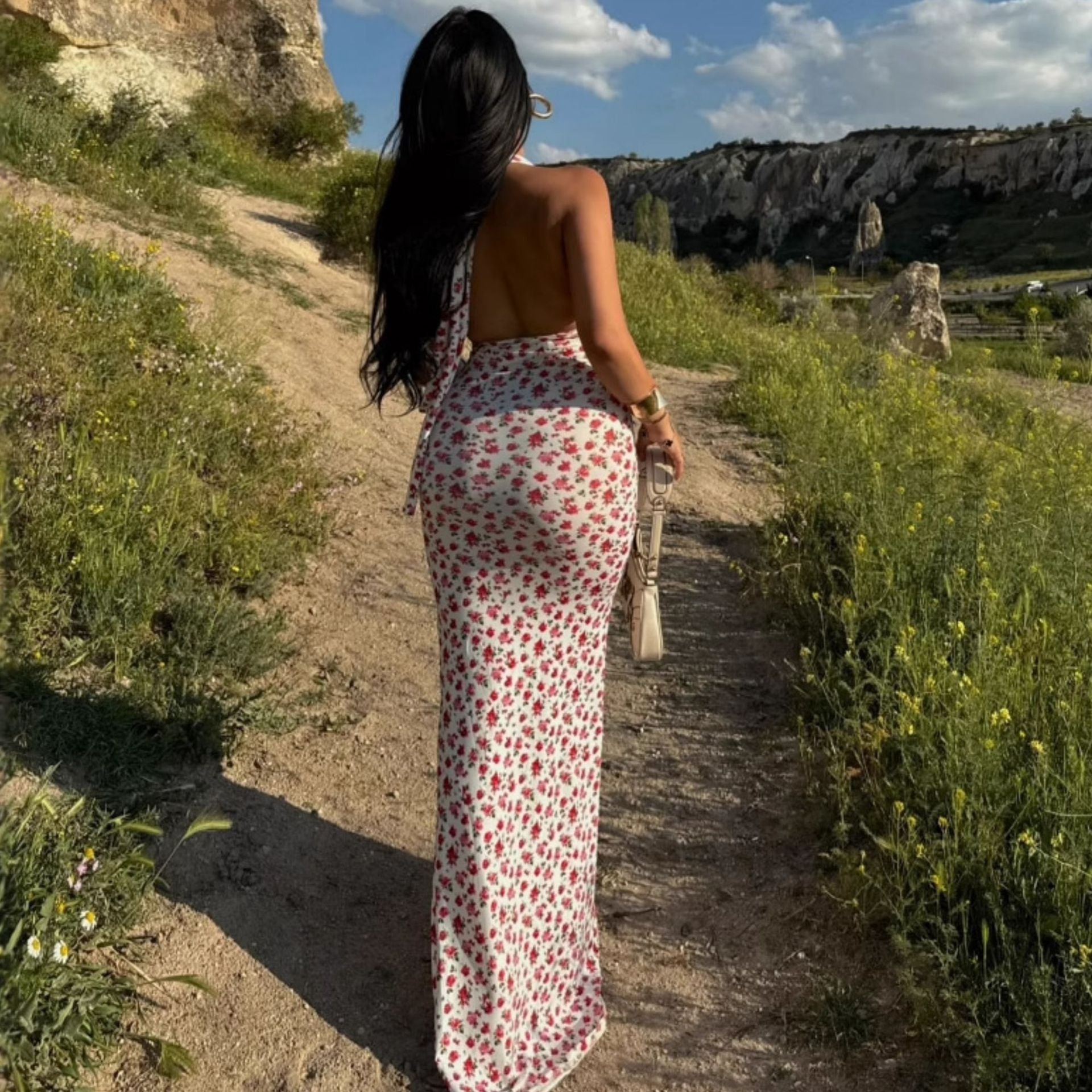 Sexy Floral Print Belt Backless Mid-Length Ankle Dress European Summer Women's Dress - view 3