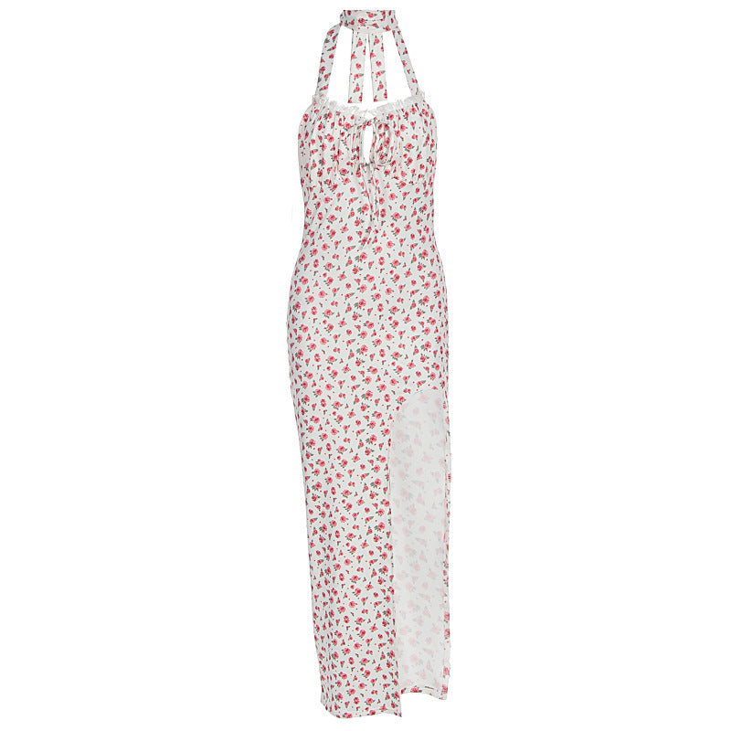 Sexy Floral Print Belt Backless Mid-Length Ankle Dress European Summer Women's Dress - view 5