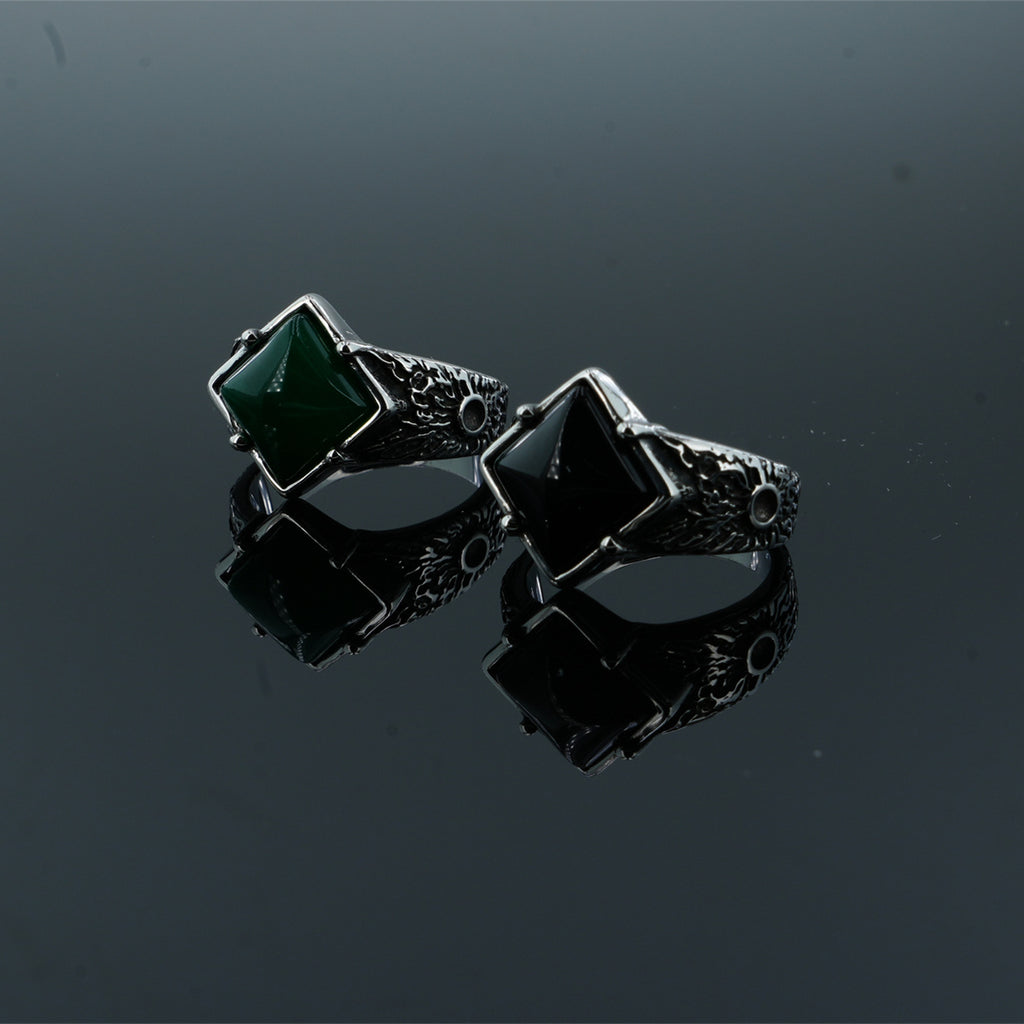Stainless Steel Agate Diamond Ring Men's Red Agate Green Agate Ring Simple Personality  Fashion Rings - front view