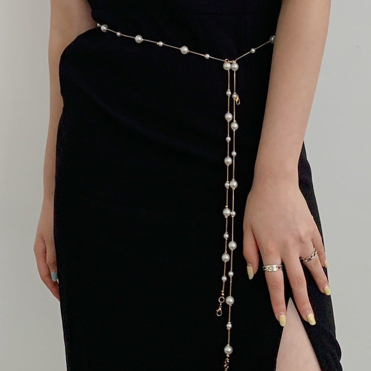 Pearl Belt Women's Dress Accessories Multifunctional Decorative Chain Jewelry Simple Metal Bowknot - front view