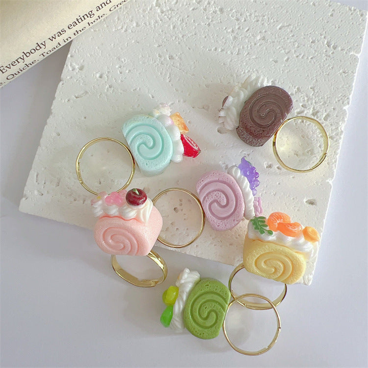 Resin Mini Cake Ring Swiss Roll Afternoon Tea Series Open Finger Women's Ring Gift Ring - front view
