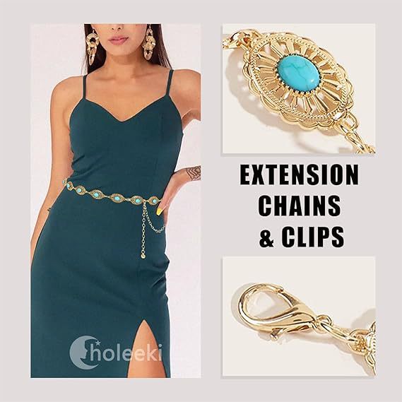 Turquoise Rhinestone Metal Waist Chain Women's Dress Belt Waist Seal Geometric - front view