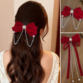 Red Festival Pearl Chain Bow Hairband Hair Clip Women Top Clip Hepburn Princess Hair Accessories - front view