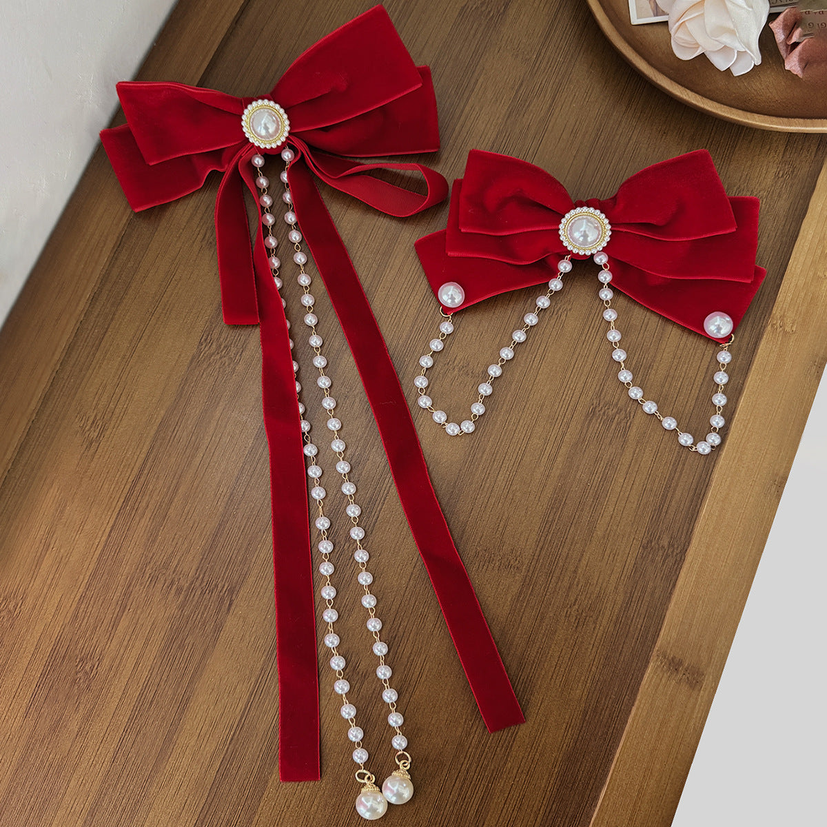 Red Festival Pearl Chain Bow Hairband Hair Clip Women Top Clip Hepburn Princess Hair Accessories - view 2