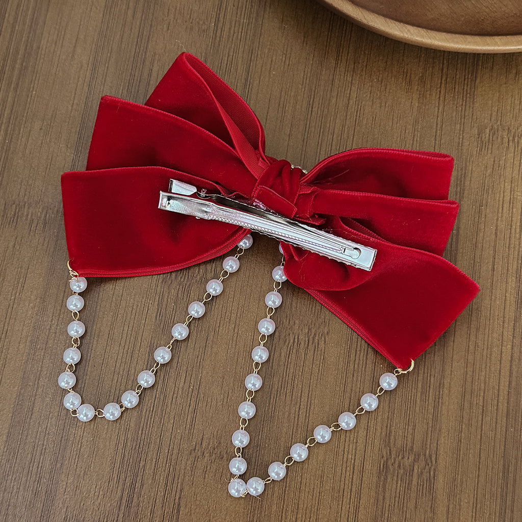 Red Festival Pearl Chain Bow Hairband Hair Clip Women Top Clip Hepburn Princess Hair Accessories - view 3