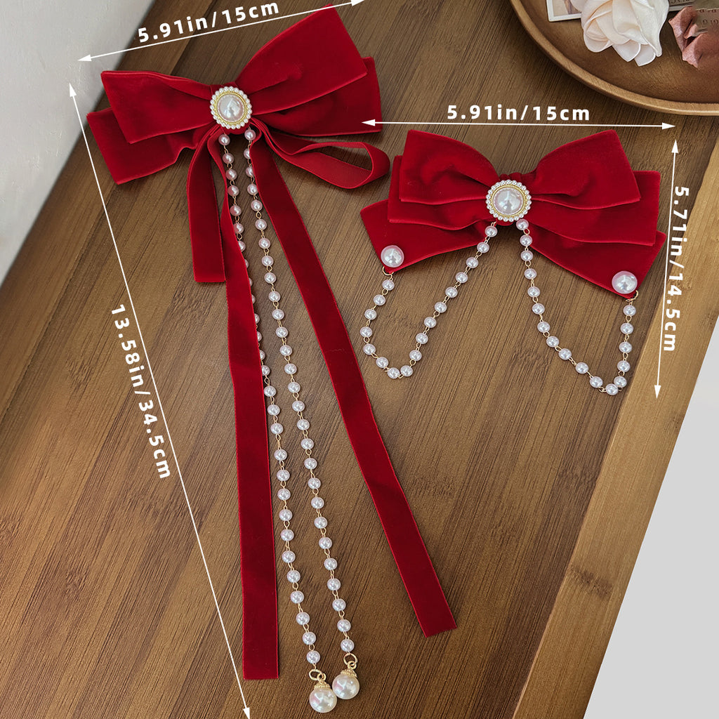 Red Festival Pearl Chain Bow Hairband Hair Clip Women Top Clip Hepburn Princess Hair Accessories - view 4