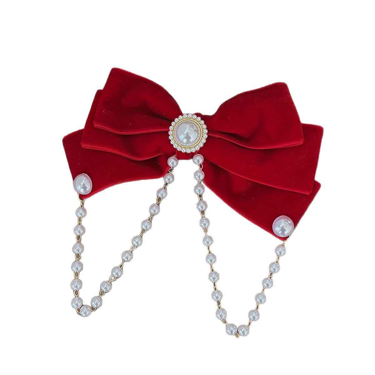 Red Festival Pearl Chain Bow Hairband Hair Clip Women Top Clip Hepburn Princess Hair Accessories - view 5