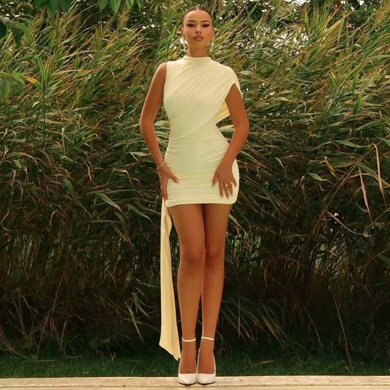Solid Color Women's Dress With Belt, Ruched Sleeveless Asymmetric Neckline, Patchwork Design, Sexy And Simple - view 4