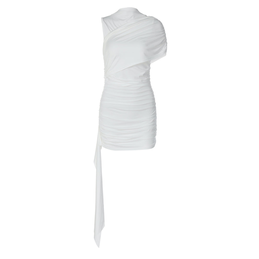 Solid Color Women's Dress With Belt, Ruched Sleeveless Asymmetric Neckline, Patchwork Design, Sexy And Simple - view 5