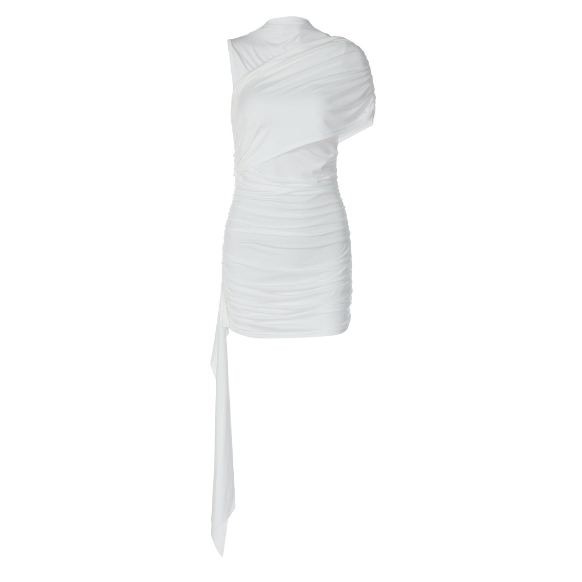 Solid Color Women's Dress With Belt, Ruched Sleeveless Asymmetric Neckline, Patchwork Design, Sexy And Simple - view 5