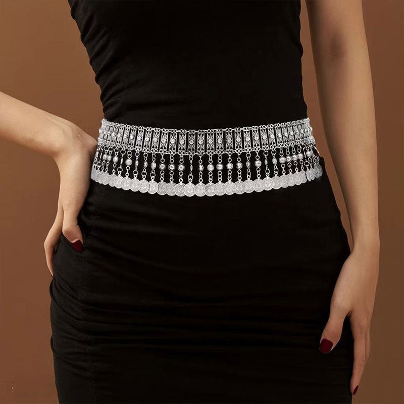 Bohemian Adjustable Metal Tassel Waist Chain Women's Dress Belt Ethnic Accessories Unisex - front view