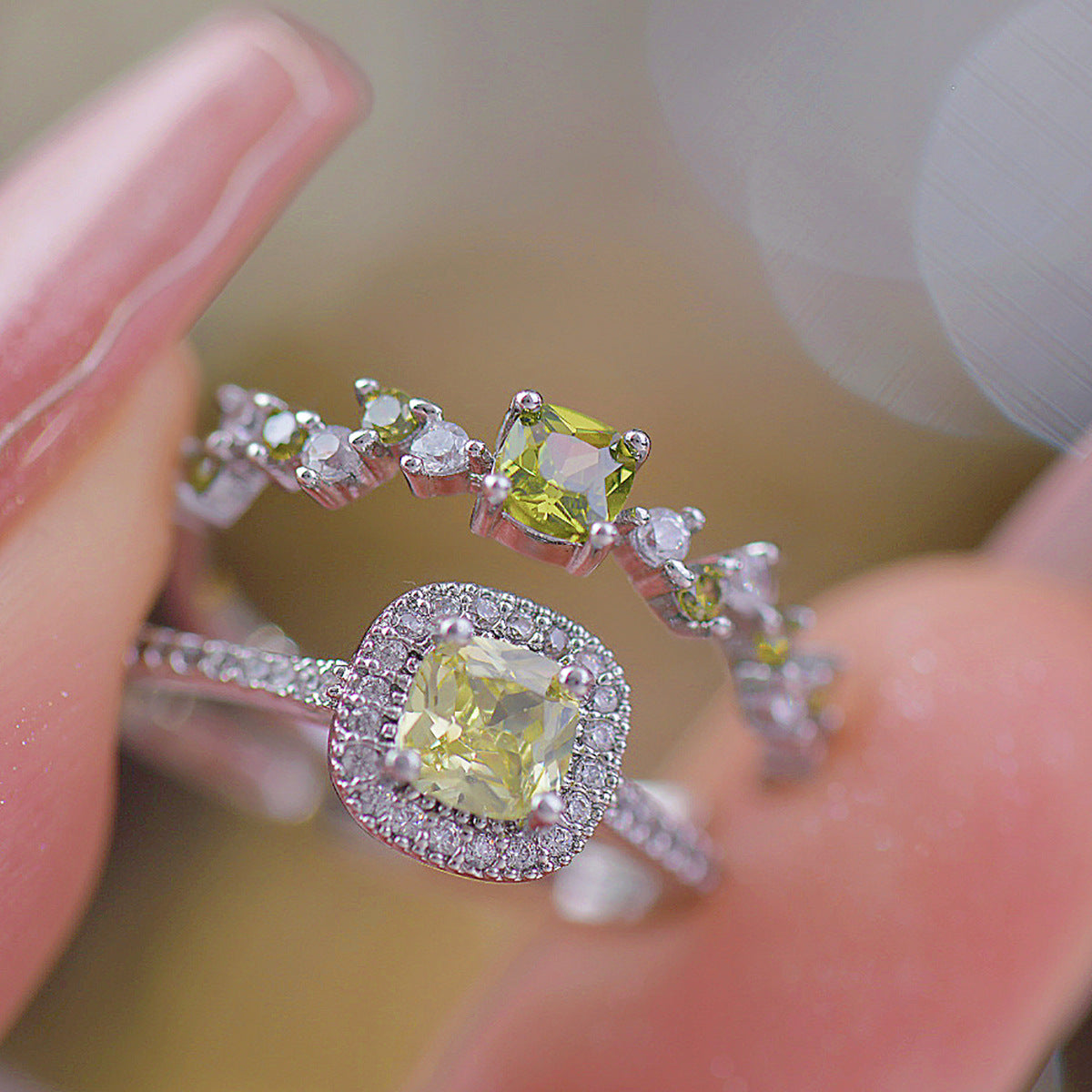 Green Olive Zircon Open Ring Set Full Diamond Women's Ring Copper Material Pendant Ring - front view