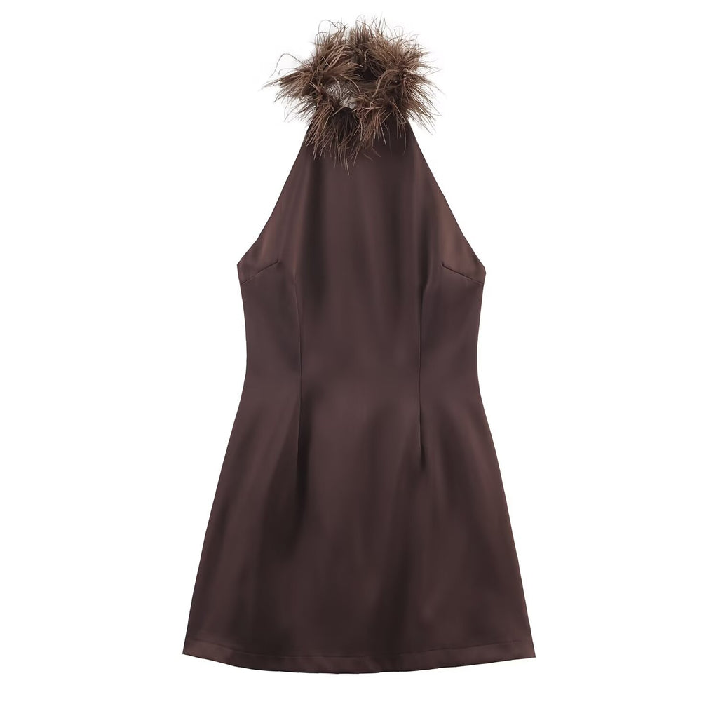 European Women's Dress With Feather Decoration, Halter Neck, Knee-Length, Slim Fit, Polyester Fabric - view 2