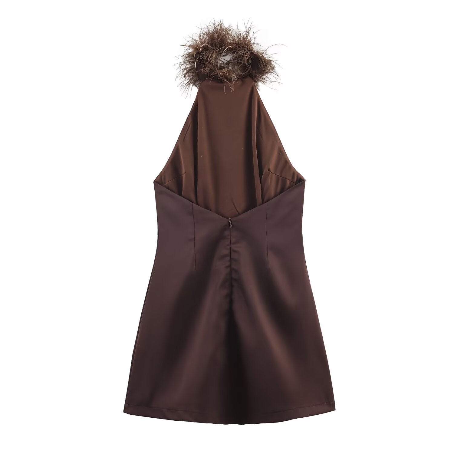 European Women's Dress With Feather Decoration, Halter Neck, Knee-Length, Slim Fit, Polyester Fabric - view 3