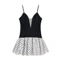Polka Dot Print Patchwork Dress Deep V Neck Sleeveless Knee Length Women's Dress - front view