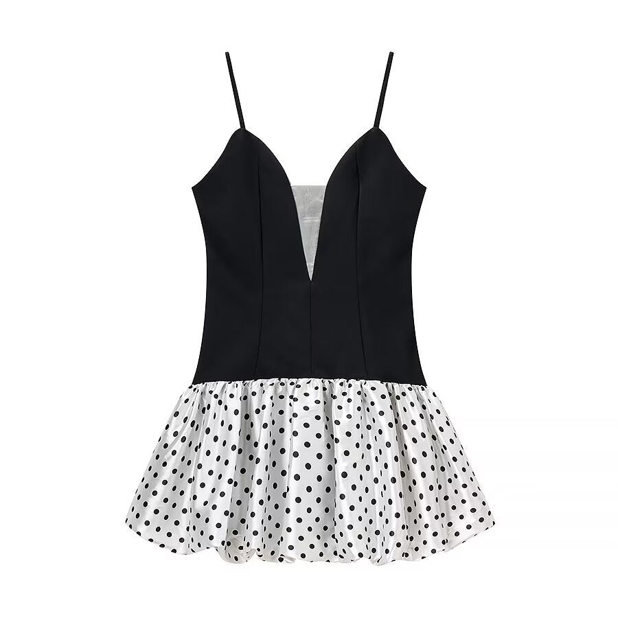Polka Dot Print Patchwork Dress Deep V Neck Sleeveless Knee Length Women's Dress - front view
