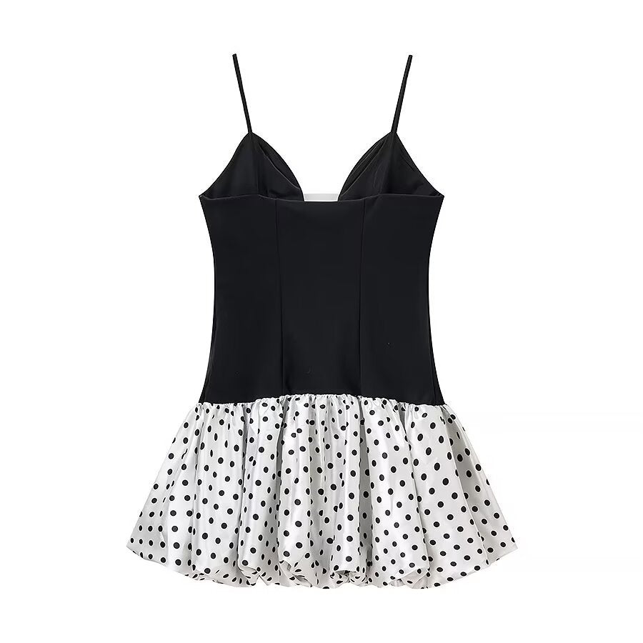 Polka Dot Print Patchwork Dress Deep V Neck Sleeveless Knee Length Women's Dress - view 2