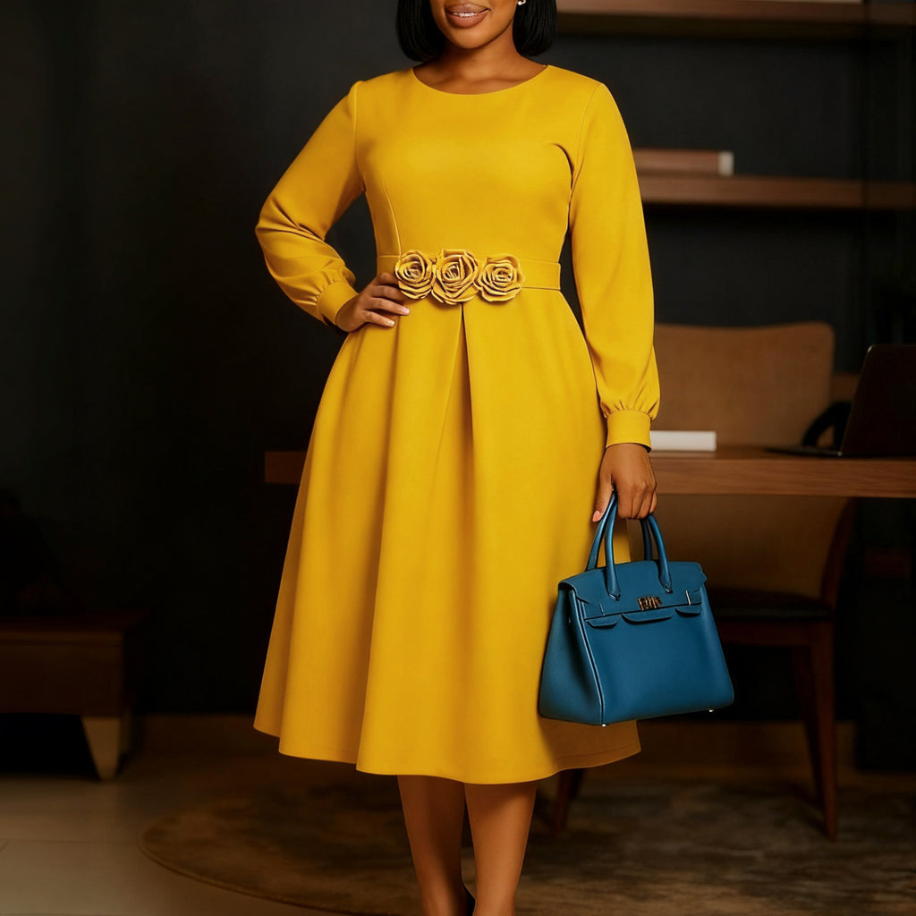 Autumn Winter Round Neck Long Sleeve 3D Flower Hem African Women's Dress Business Casual Knee-Length Dress - front view