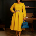 Autumn Winter Round Neck Long Sleeve 3D Flower Hem African Women's Dress Business Casual Knee-Length Dress - front view