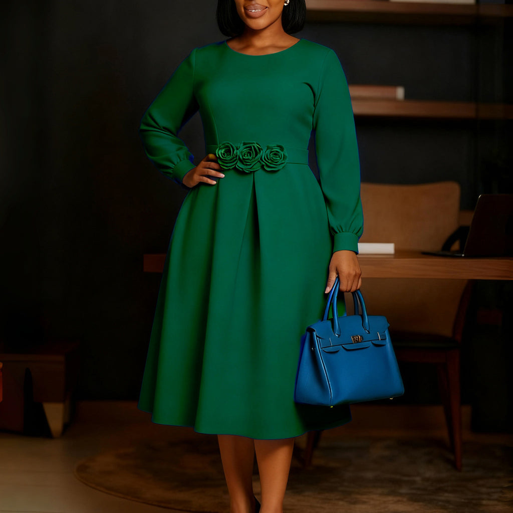 Autumn Winter Round Neck Long Sleeve 3D Flower Hem African Women's Dress Business Casual Knee-Length Dress - view 3