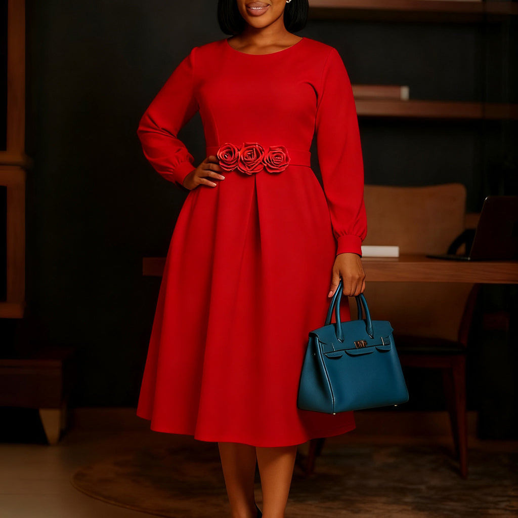 Autumn Winter Round Neck Long Sleeve 3D Flower Hem African Women's Dress Business Casual Knee-Length Dress - view 4