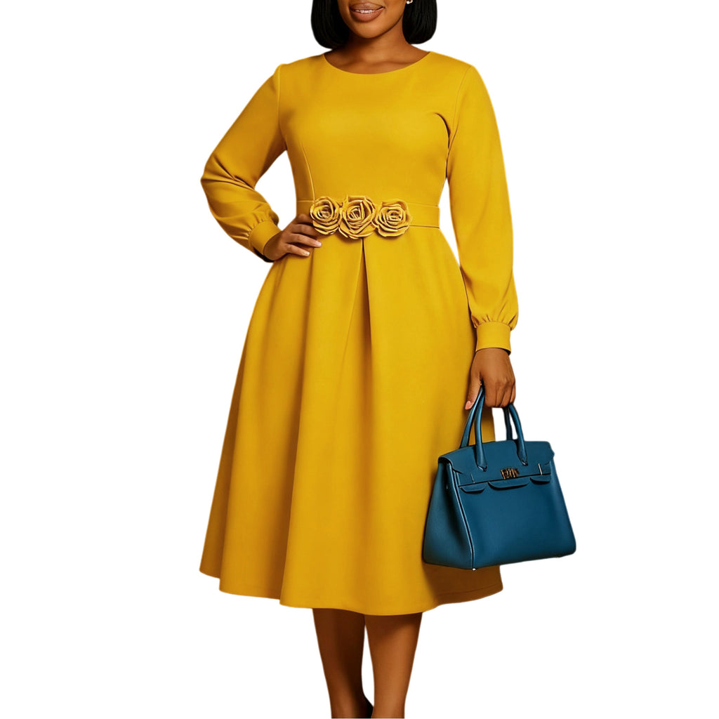 Autumn Winter Round Neck Long Sleeve 3D Flower Hem African Women's Dress Business Casual Knee-Length Dress - view 5