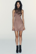 European Women's Dress With Feather Decoration, Halter Neck, Knee-Length, Slim Fit, Polyester Fabric - front view