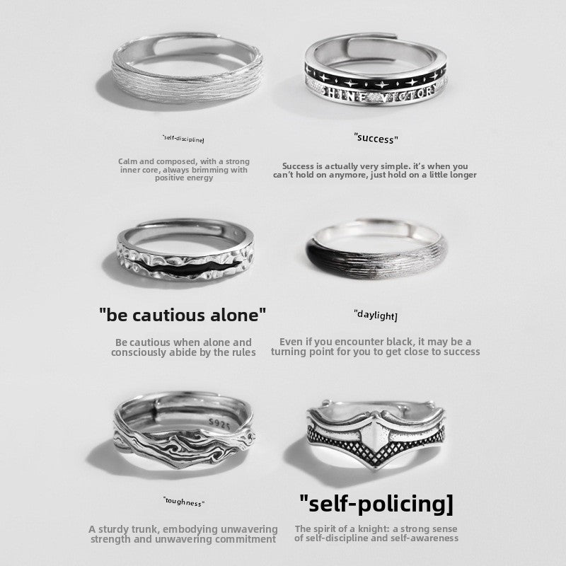 Vintage Anti-Taiwan Silver Men's Ring Trendy Stackable Open Ring Single Men's Ring Self-Discipline Ring - front view