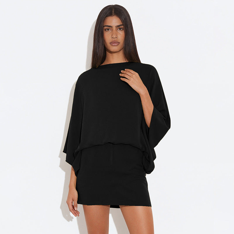 Deep V Backless Loose Women's Dress Casual Wear Polyester Spandex Material Sleeveless Short - front view